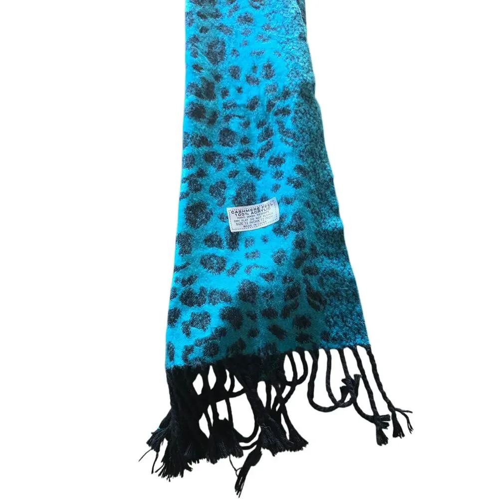 Cashmere Feel Womens Scarf 72Lx 12W‎ Blue Black Tassles Animal Print